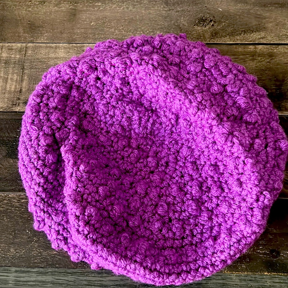 Purple sparkly hand knit hat and matching scarf